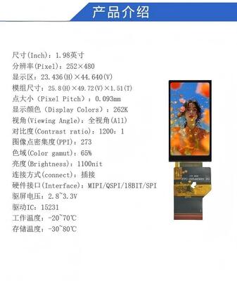 1.98" Transflective TFT Module with 252X480 Resolution and MIPI/QSPI/18BIT/SPI Interface,Driving IC 15231,ALL VIEW,1100nit
