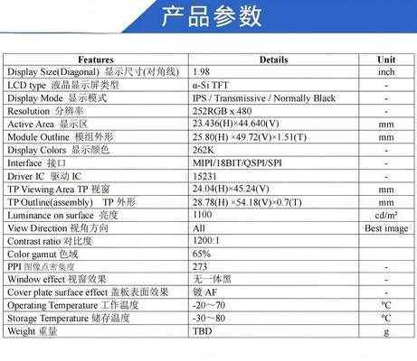 1.98" Transflective TFT Module with 252X480 Resolution and MIPI/QSPI/18BIT/SPI Interface,Driving IC 15231,ALL VIEW,1100nit